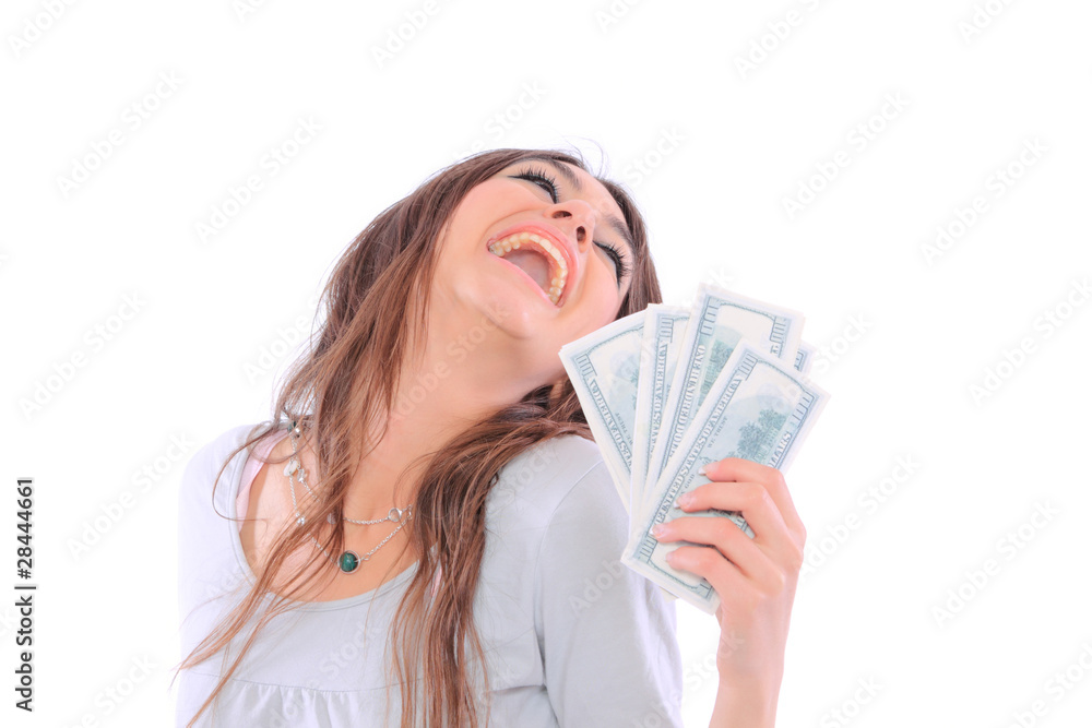 Young lady holding cash and smiling Young lady holding cash and smiling