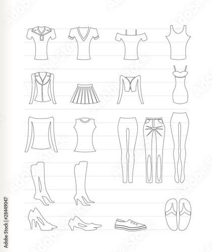 woman and female clothes icons - vector icon set