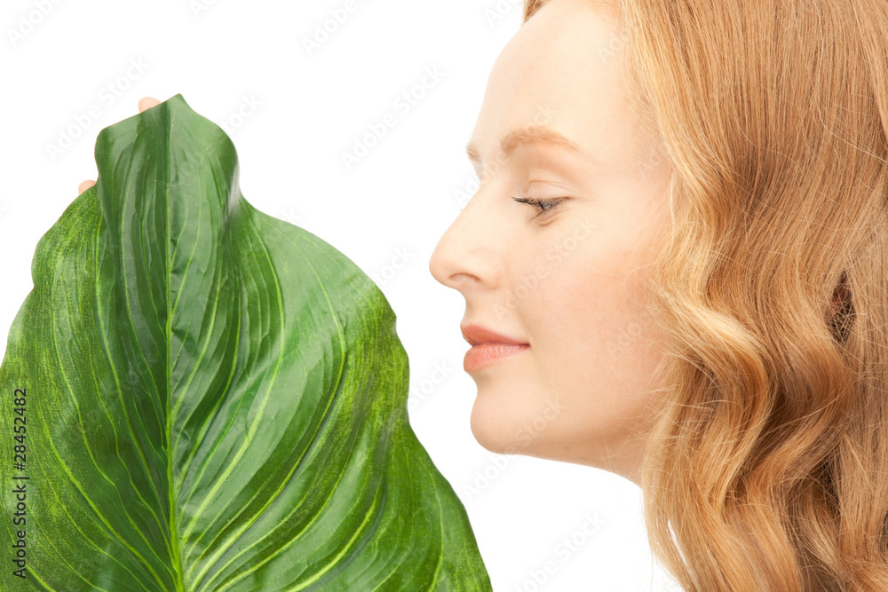 woman with green leaf woman with green leaf