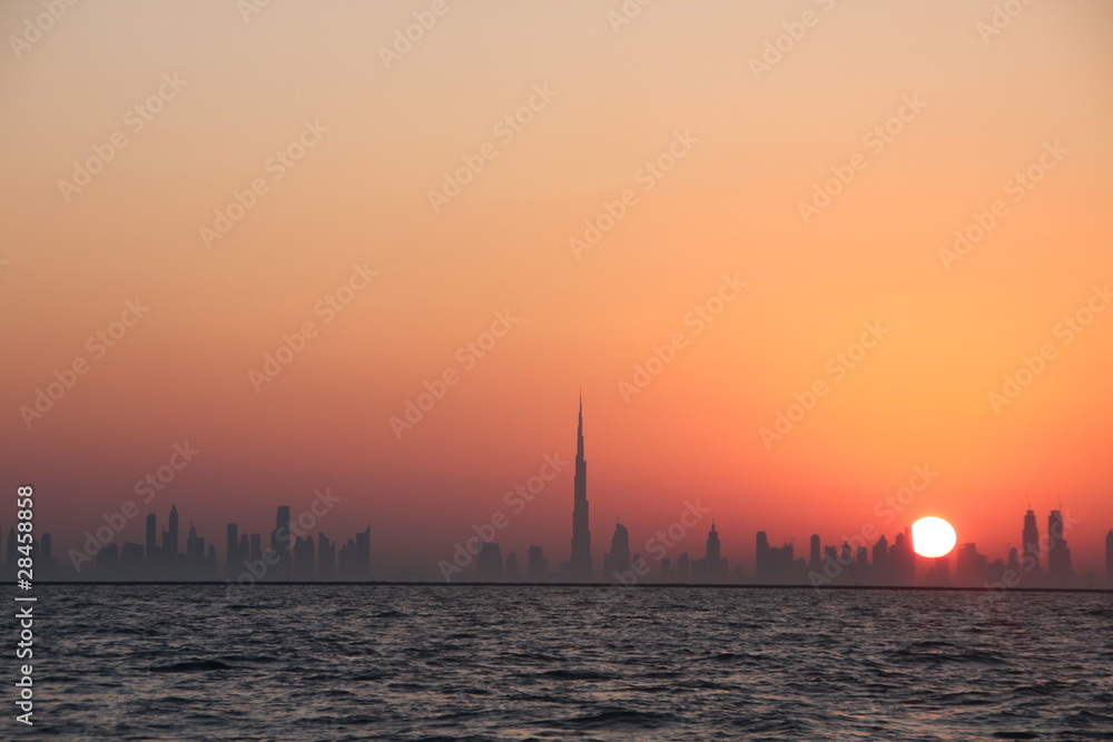 Sunrise Dubai City Skyline from the Arabian Gulf