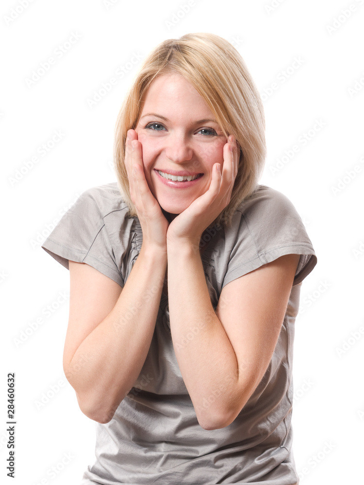 young smiling woman surprised isolated over white young smiling woman surprised isolated over white