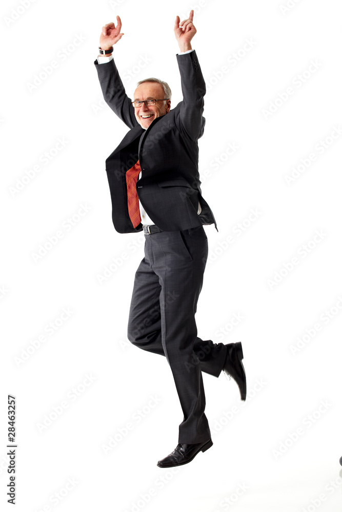 Senior man jumping on white background Senior man jumping on white background