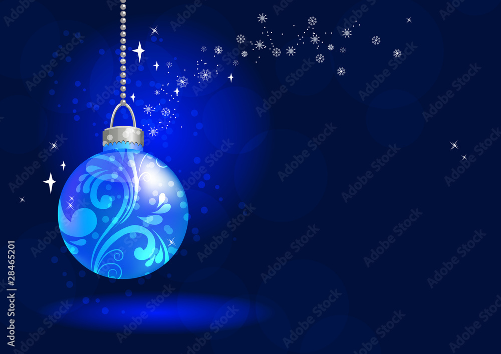 Blue christmas ball hangs on blue background