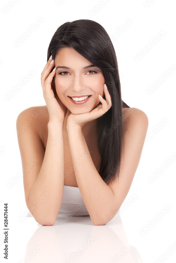 beauty portrait of a young woman, touching her face with her fin beauty portrait of a young woman, touching her face with her fin