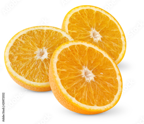 Isolated orange slices. Three pieces of orange fruit isolated on white background