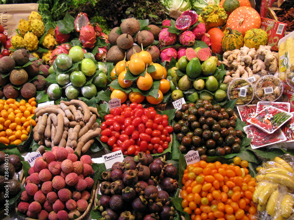 Assortment of fruits and vegetables at the Boqueria market