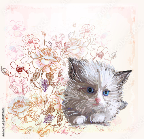 greeting card with  fluffy kitten and roses