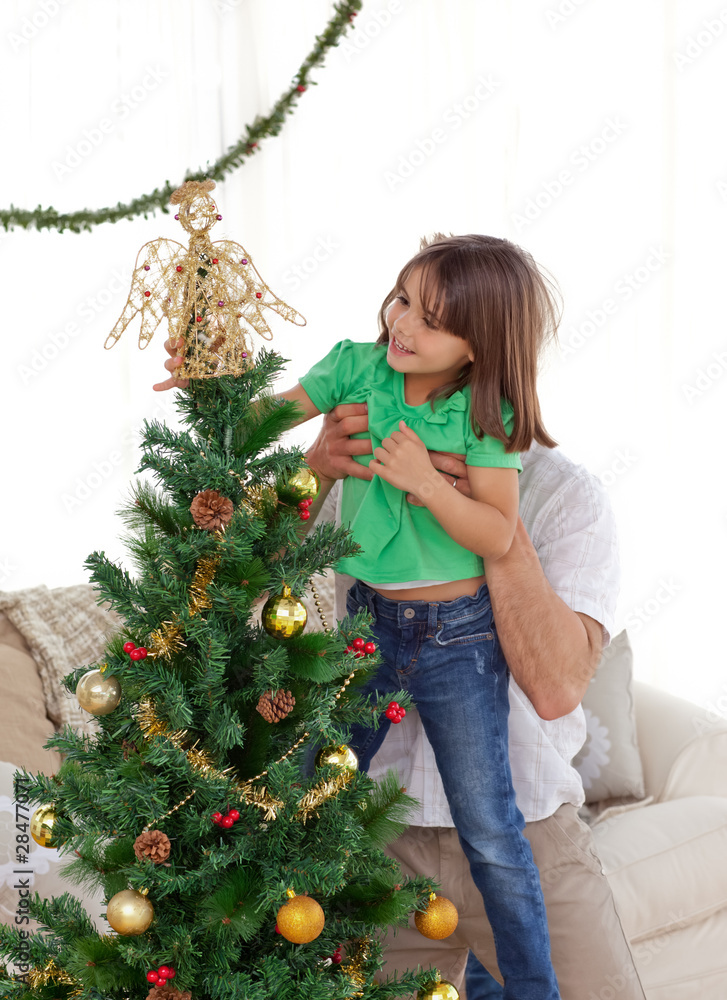 Attentive father holding her daughter to decorate the christmas