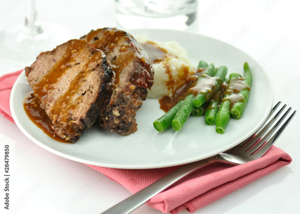 meat loaf with mashed potatoes and green beans