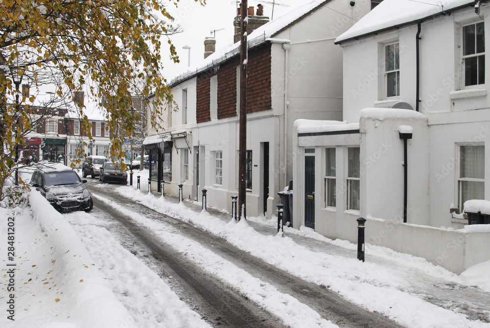 Snow on street in Broadwater. Worthing. West Sussex. England
