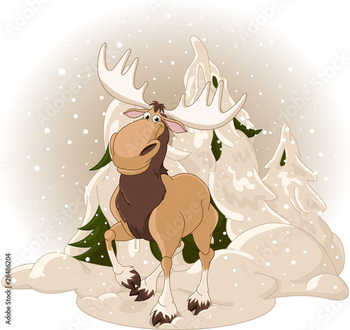 Moose against a snowy forest