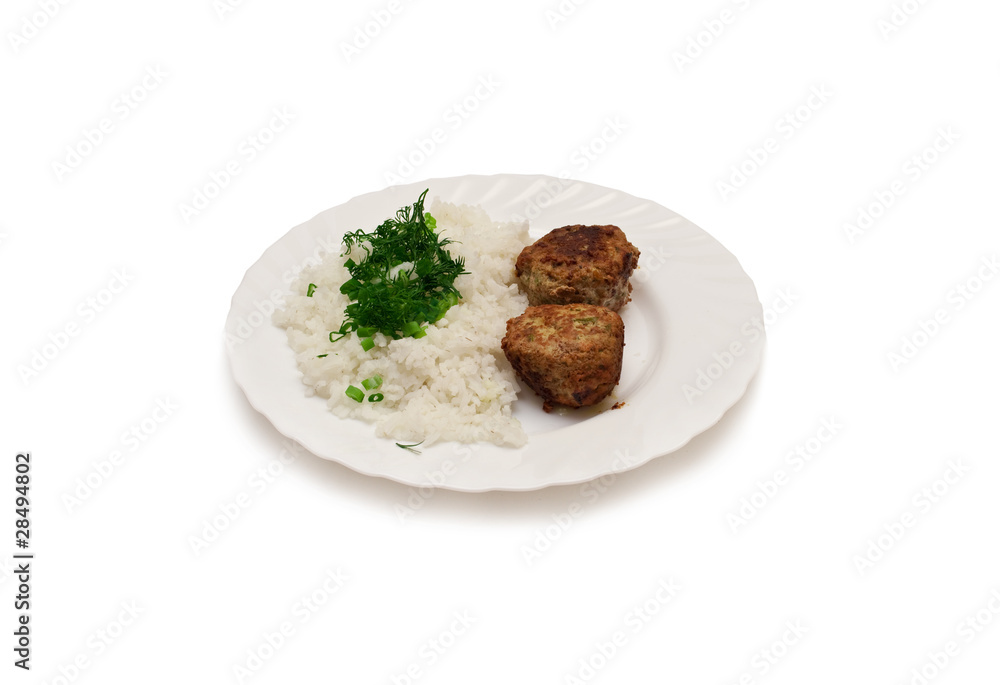 rice with meat and green onions isolated on white rice with meat and green onions isolated on white