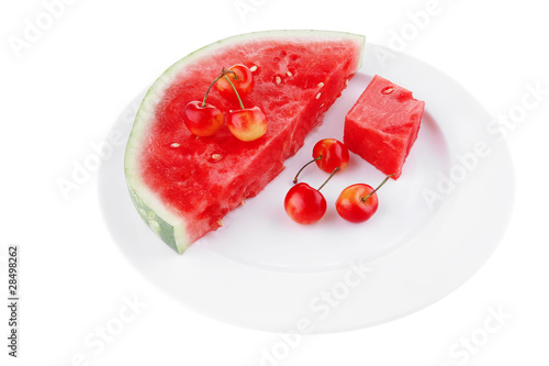 watermelon slice and cherrys on white