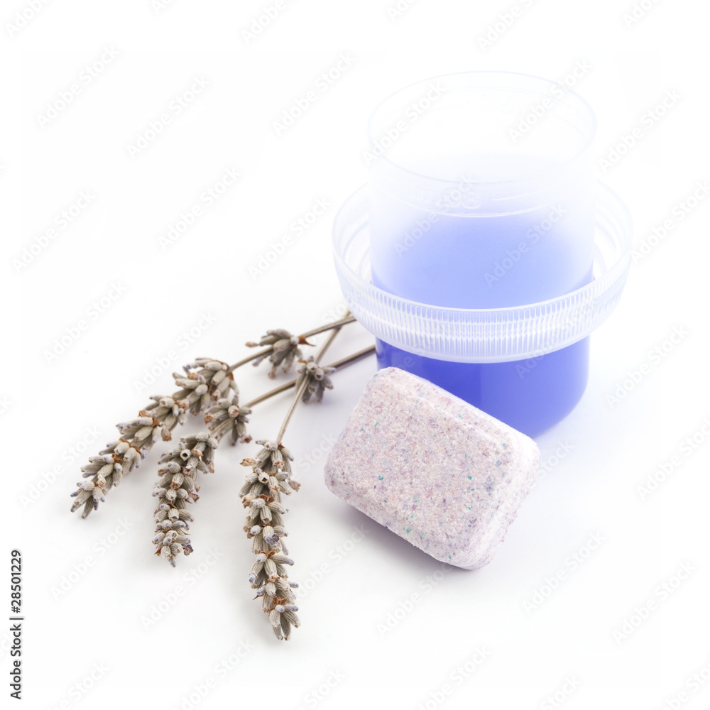 Water softening tablet with purple liquid detergent and lavender Water softening tablet with purple liquid detergent and lavender