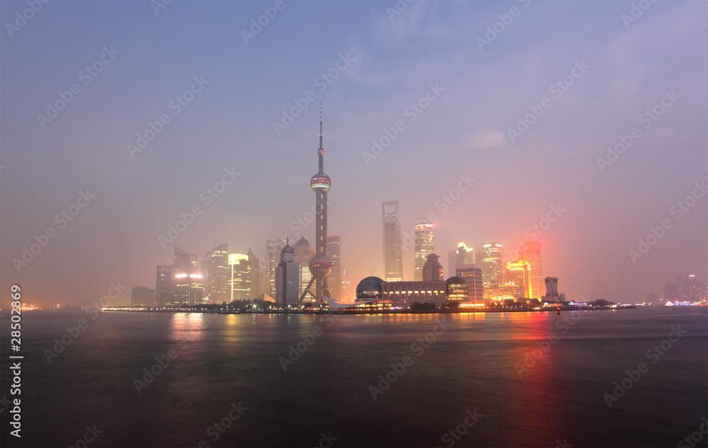 Skyline of Pudong at night. Shanghai China