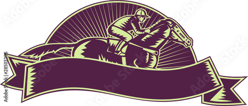 horse and jockey racing woodcut