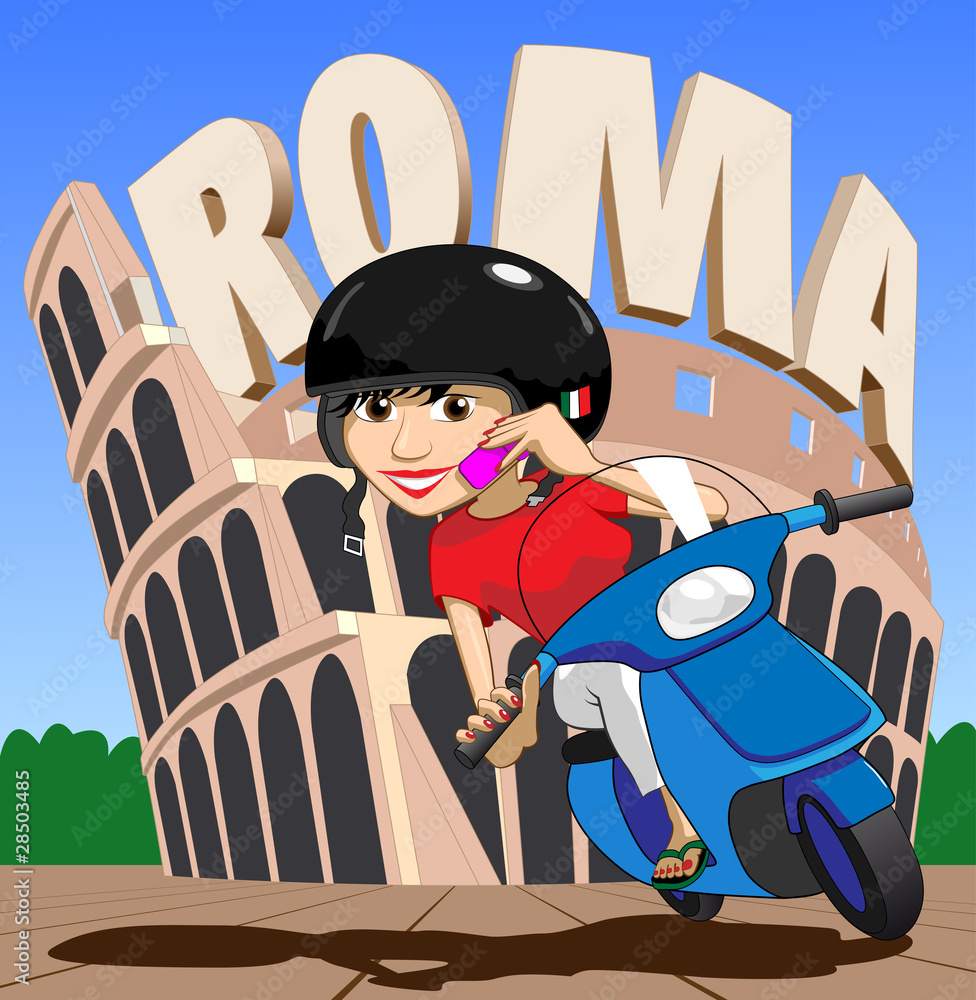 Scooter Girl on mobile phone In Roma (Rome) at the Colosseum : Adobe Stock