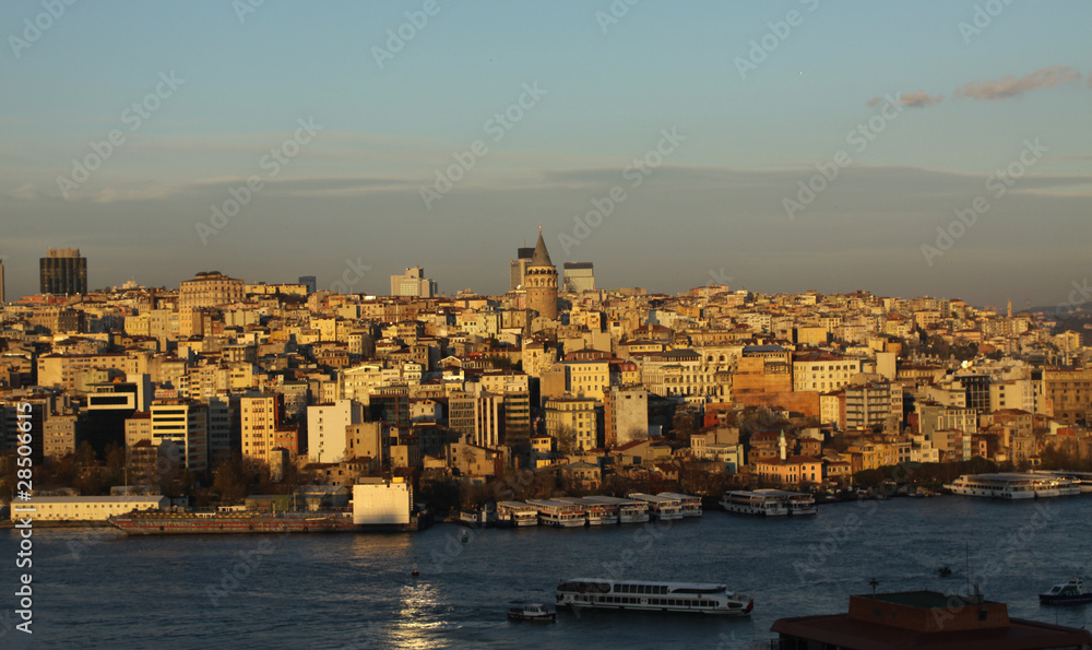 The Galata Tower at sunset in istanbul.