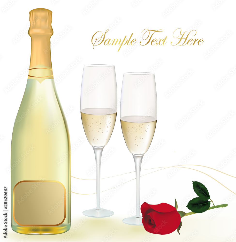 Vector illustration. Two glasses of champagne with red rose. Vector illustration. Two glasses of champagne with red rose.