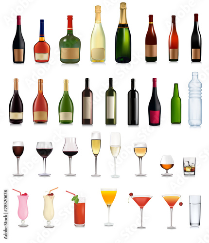 Set of different drinks and cocktails. Vector illustration.