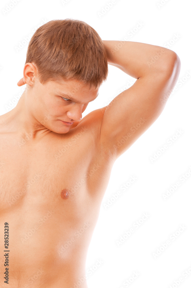 Portrait of young happy naked man isolated over white