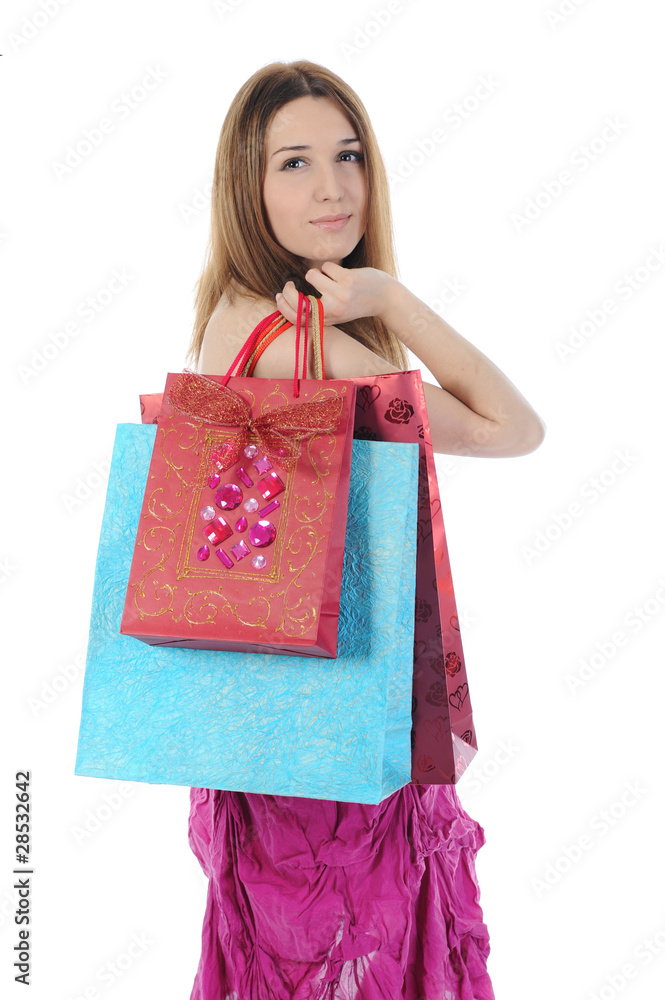 brunette with a shopping bag. brunette with a shopping bag.