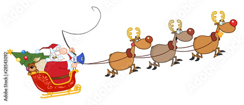 Santa Claus And Team Of Reindeer In His Sleigh Flying