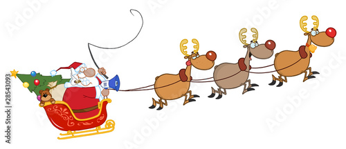 African American Santa Claus And Reindeers In His Sleigh Flying