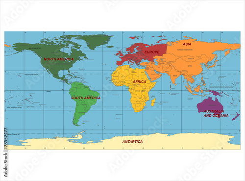 Detailed World Map with Names of Continent and Countries, vector