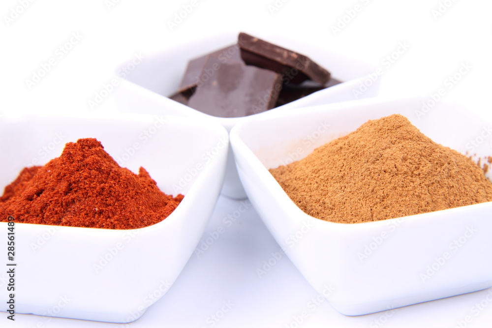 Hot chocolate ingredients: chocolate, cinnamon and chili Hot chocolate ingredients: chocolate, cinnamon and chili