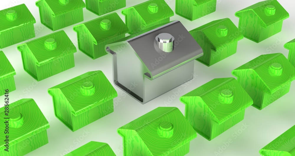 A silver house  among rows of green wooden houses