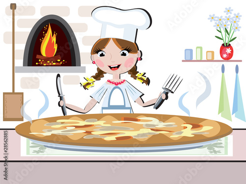 Girl  cook with pizza