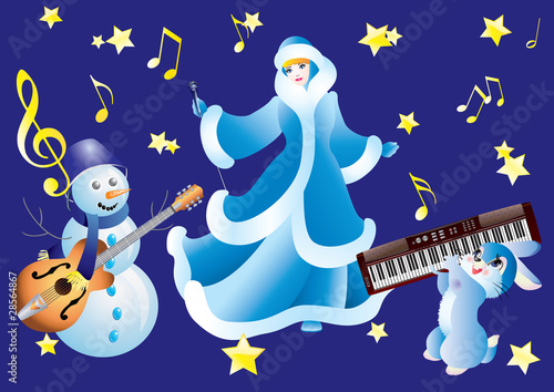 Snowman, Snow White and the rabbit with musical instruments.