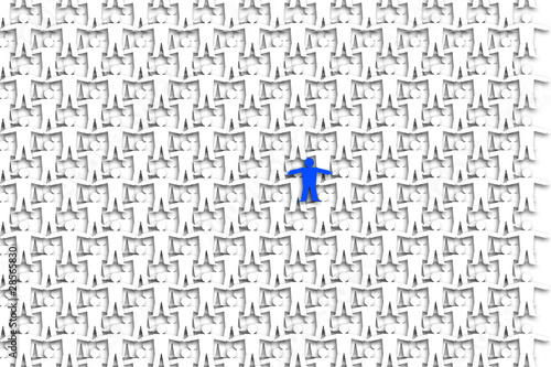 blaue Person allein in Menschenmasse