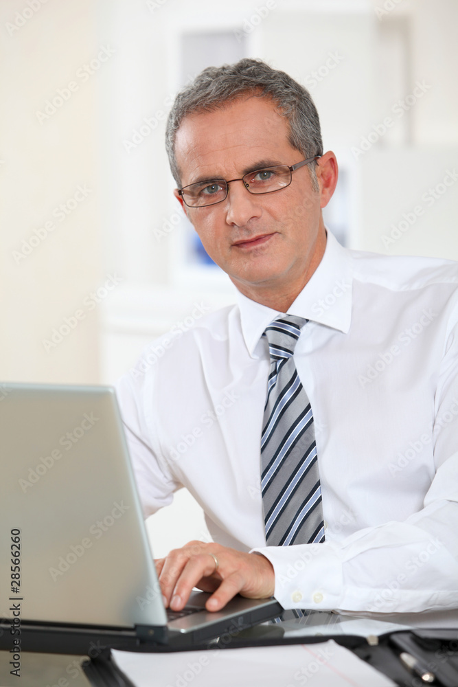 Portrait of businessman working on laptop computer
