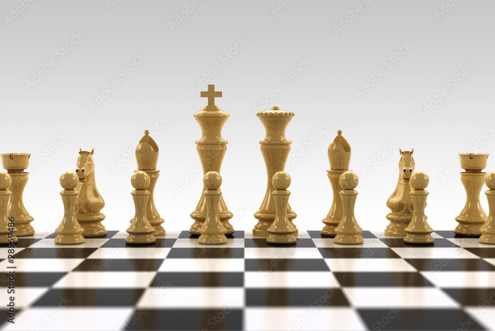 White chess pieces on chess board with very shallow DOF