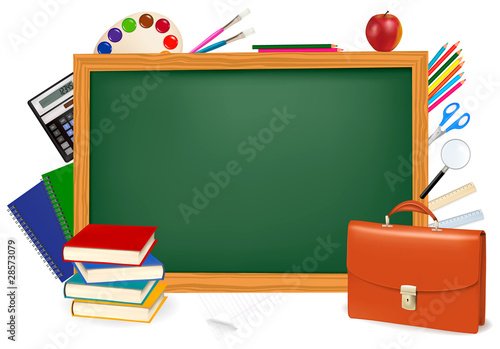 Green desk with school supplies and briefcase. Vector.