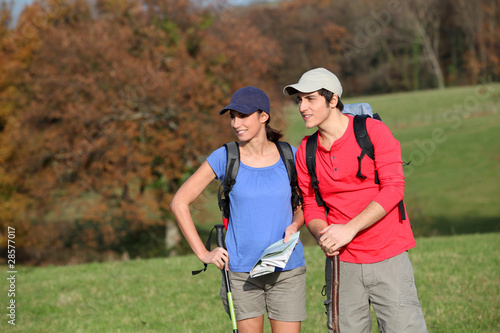 Young couple hiking in countryside