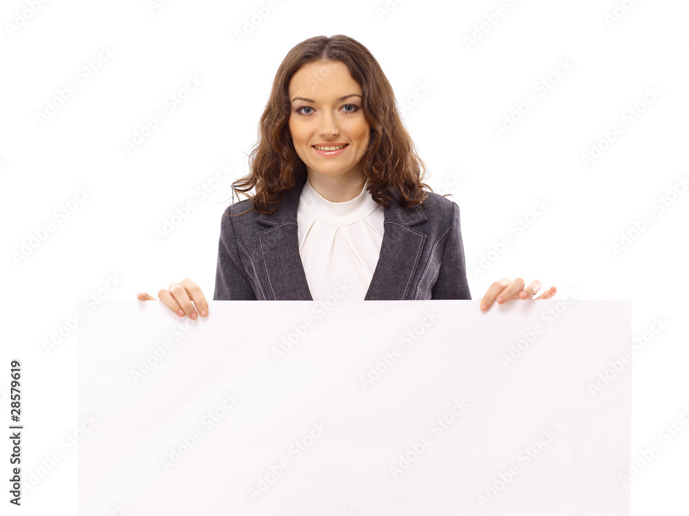 Cute Indian woman presents with a blank white board Cute Indian woman presents with a blank white board