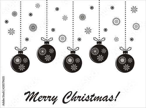 Holiday christmas black-and-white vector card with hanging balls