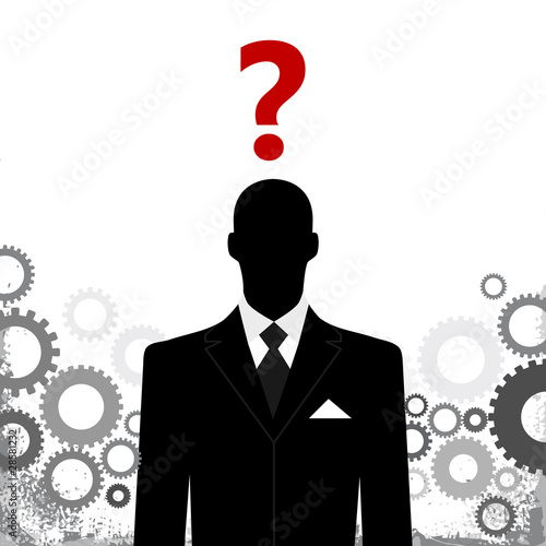 business man with gears and question mark above head