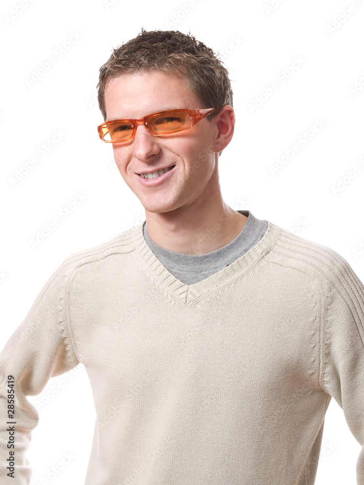 smiling man with orange glasses isolated over white smiling man with orange glasses isolated over white