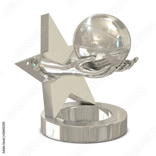 Silver trophy with star, hands and basket ball