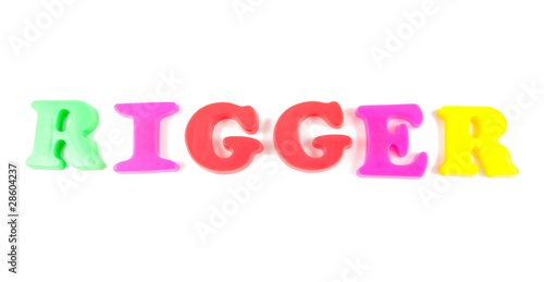 Photos rigger written in fridge magnets on white background