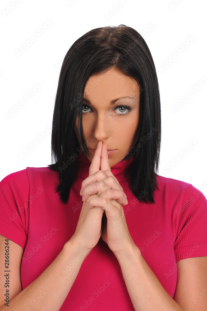 Portrait of Young Woman with hands grossed and espressing concer Portrait of Young Woman with hands grossed and espressing concer