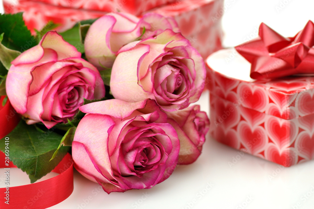 pink roses and gift box pink roses and gift box