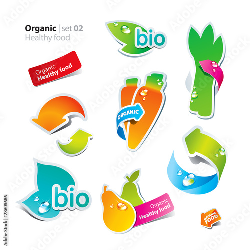 Set of stickers and icons of healthy and organic food