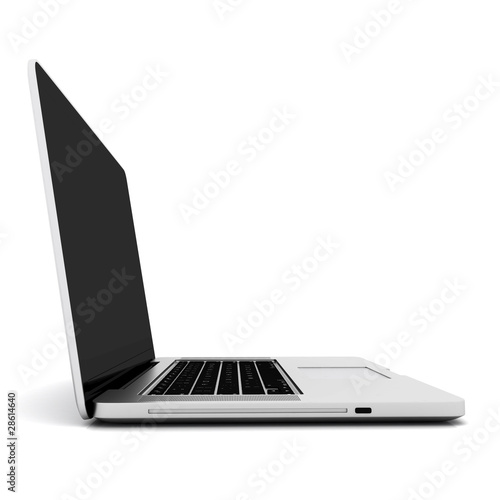 Modern laptop isolated on white with reflections photo