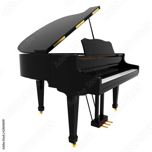 Real black grand piano isolated on white