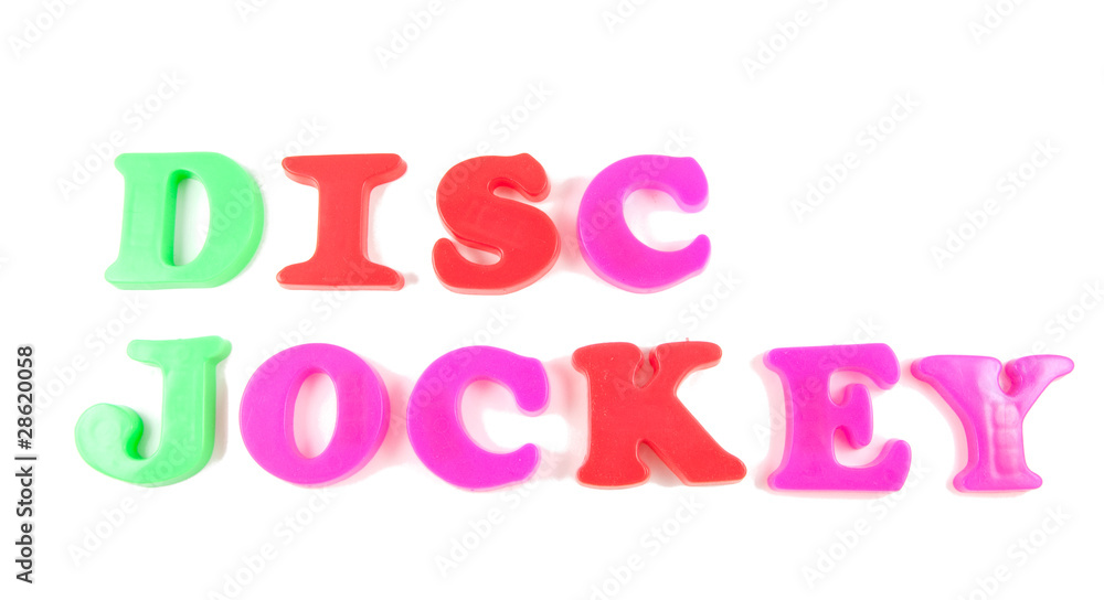 disc jockey written in fridge magnets on white background disc jockey written in fridge magnets on white background